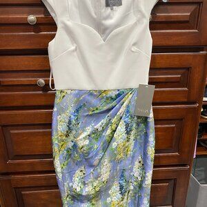 Never worn Theia A-line Cocktail Dress, size 4 in white and light blue